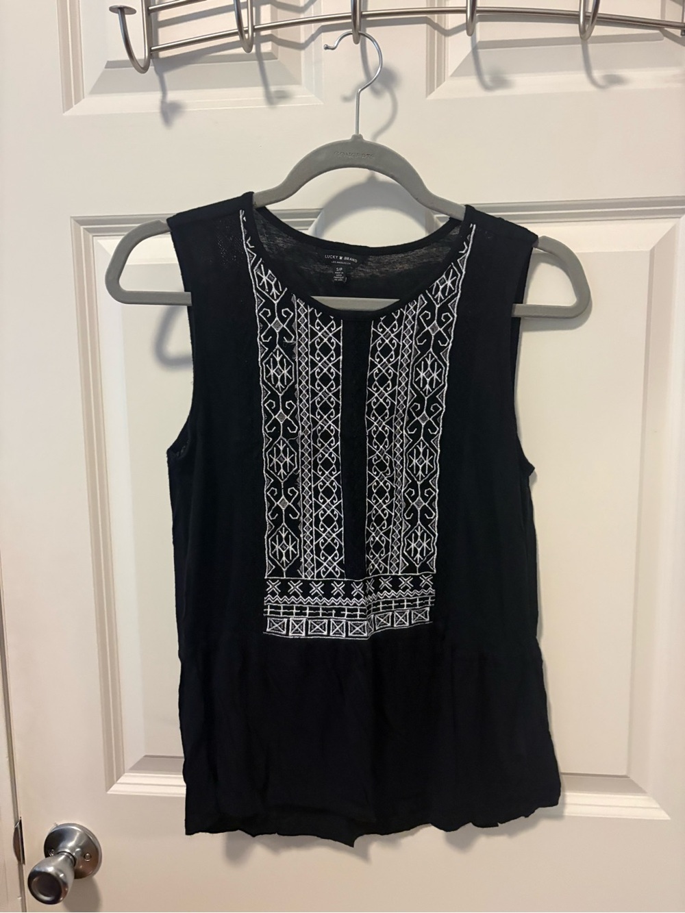 Lucky Brand Black Tank with White Embroidered Front